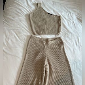 Nasty Gal matching sweater set with one shoulder crop top and flare bottoms